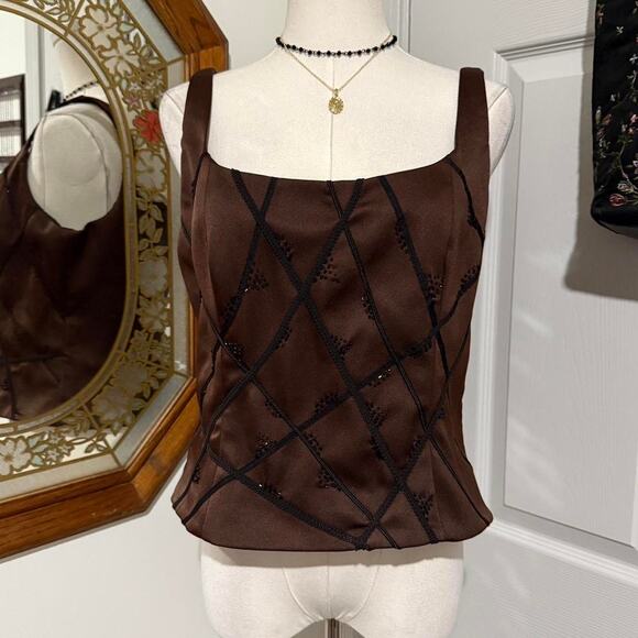 VTG Y2K Sandra Darren Dark Brown & Black Beaded Abstract Tank Top 8/M - Picture 3 of 8